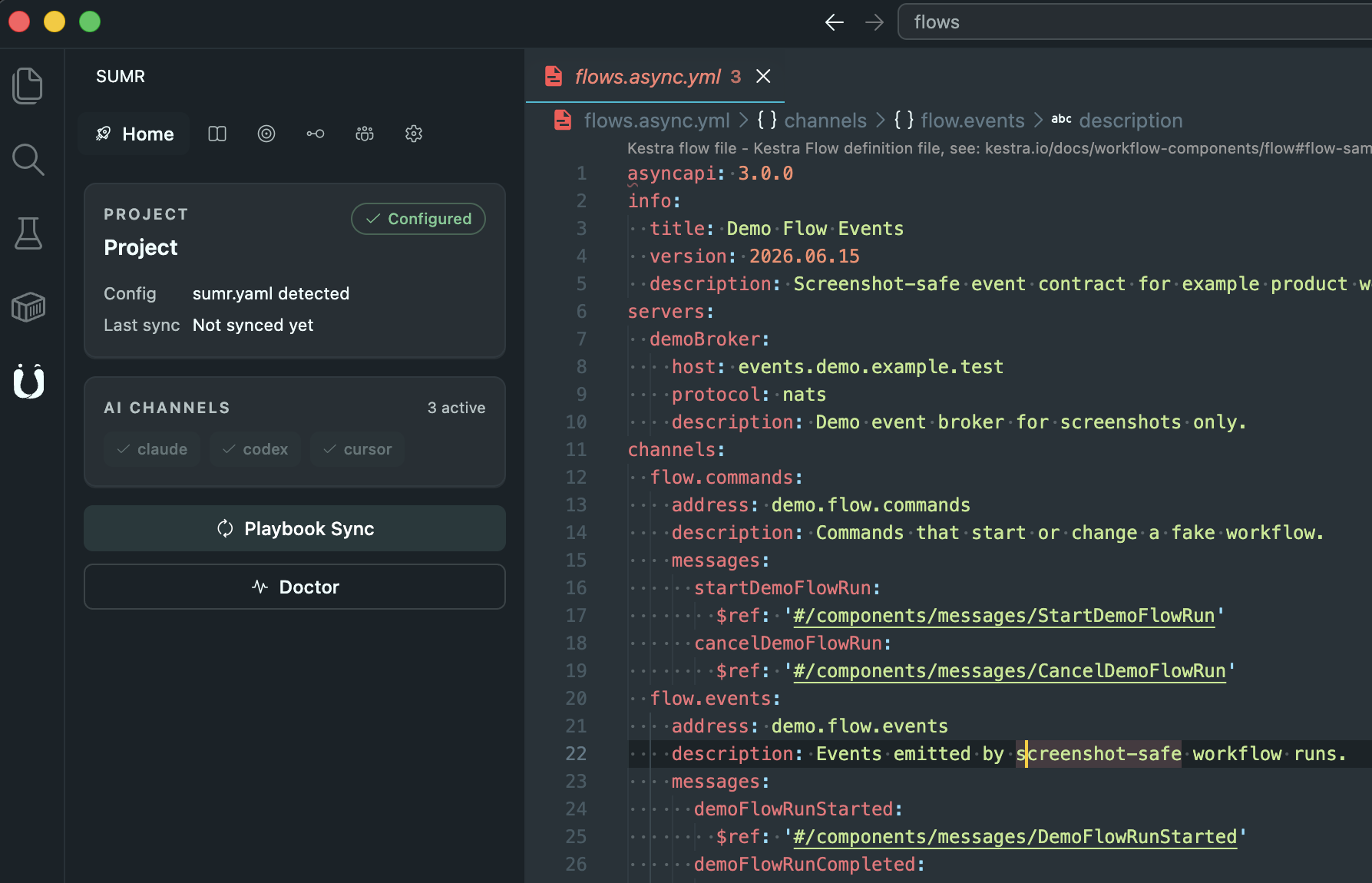 SUMR Home view showing project configuration and active AI channels beside an AsyncAPI contract