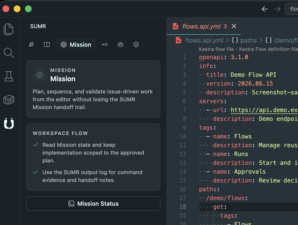SUMR Mission view showing workspace flow guidance beside an OpenAPI contract