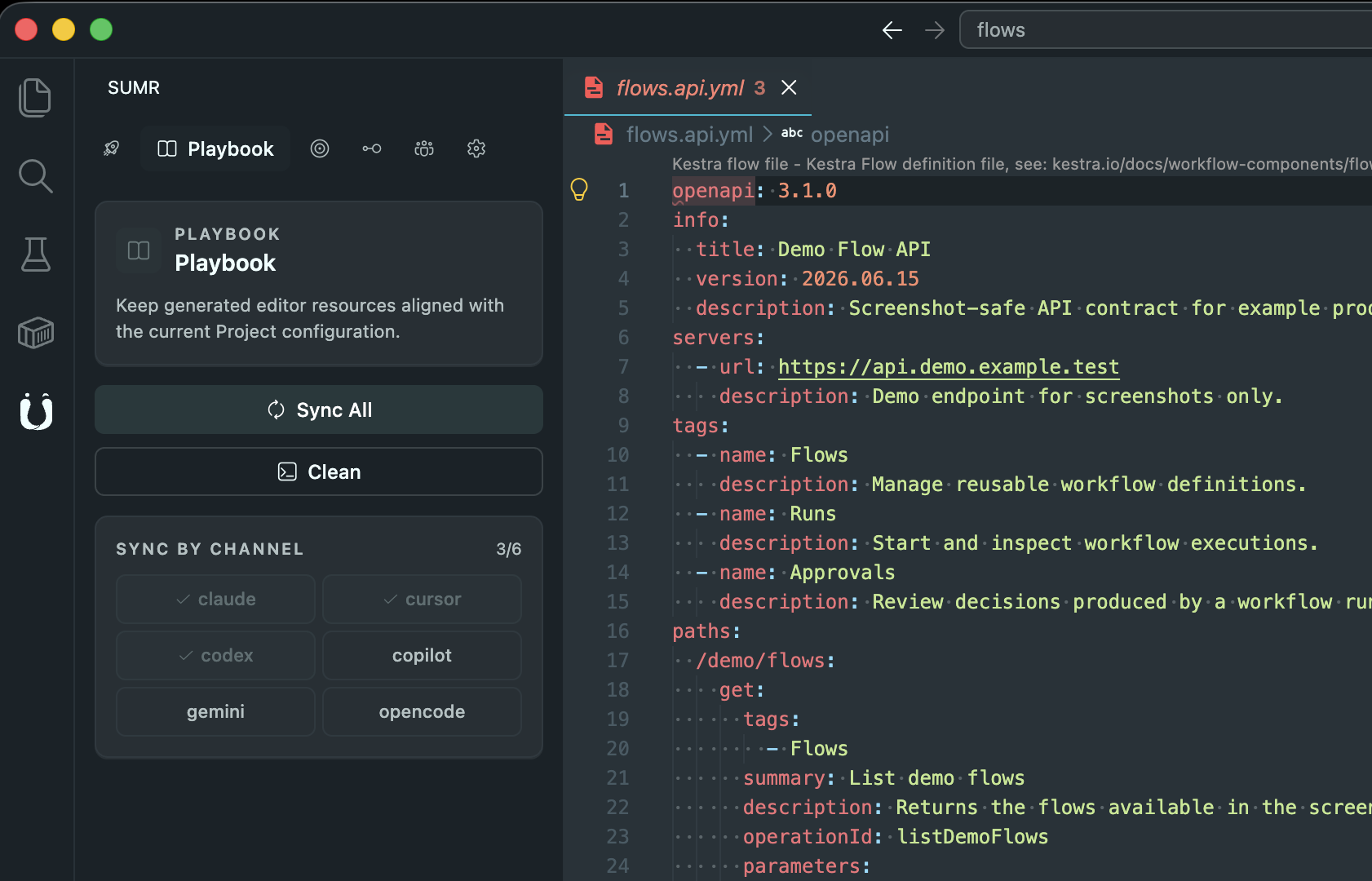 SUMR Playbook view showing sync actions and enabled AI channels beside an OpenAPI contract