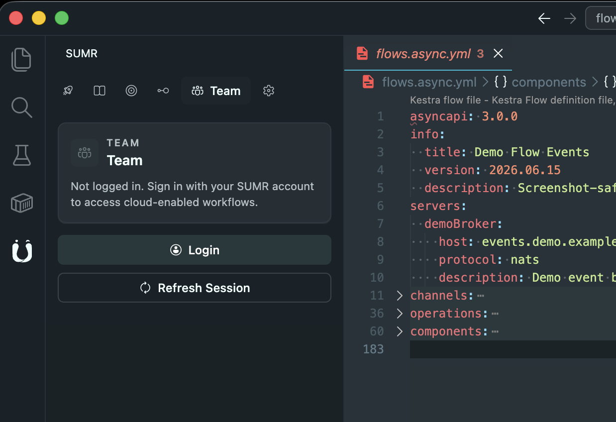 SUMR Team view showing login and refresh session actions